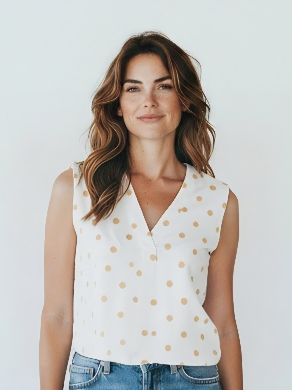 Sleeveless V-Neck Polka Dot Top in Cream and Gold